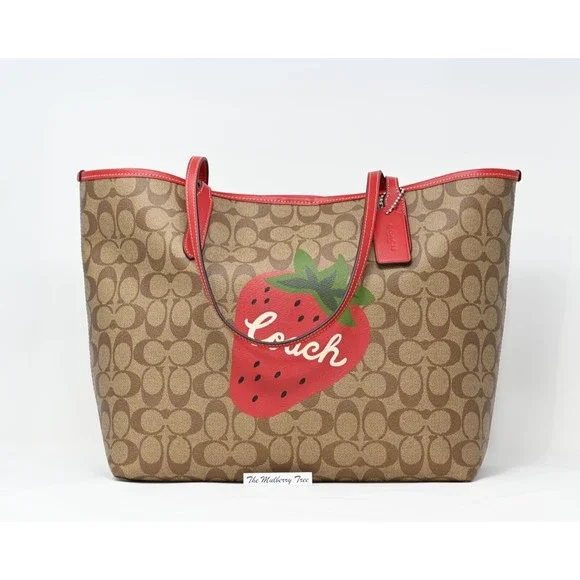 COACH シグネチャー ワイルド ストロベリートートバック CH329 Coach (CH329) Khaki Red Wild Strawberry Coated Canvas City